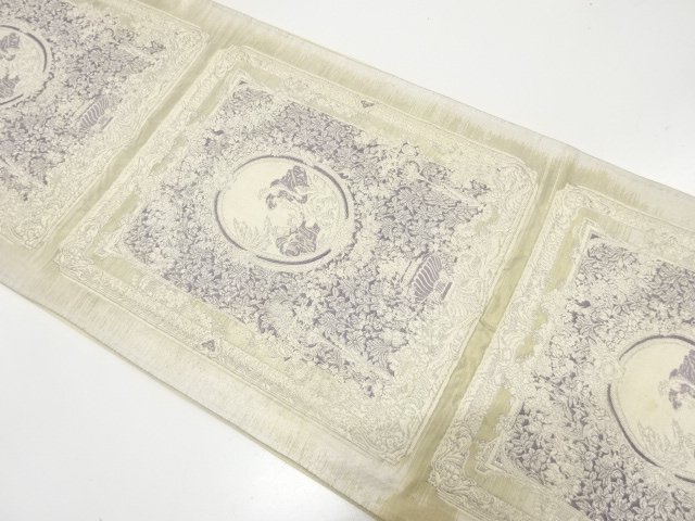 SALE!! JAPANESE KIMONO / ANTIQUE FUKURO OBI / SILK / WOVEN FOREIGNERS & FLORAL PLANTS