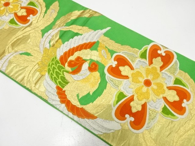 SALE!! JAPANESE KIMONO / ANTIQUE FUKURO OBI / SILK / WOVEN PHOENIX & FLORAL CREST