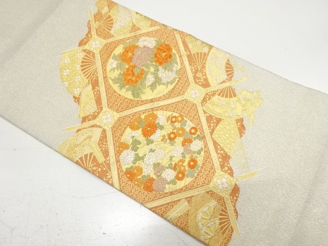 SALE!! Antique Binding, woven-out pouch obi w/ fan and flower circle design on latticew