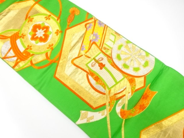 SALE!! JAPANESE KIMONO / ANTIQUE FUKURO OBI / SILK / WOVEN CARRIAGE & DRUM