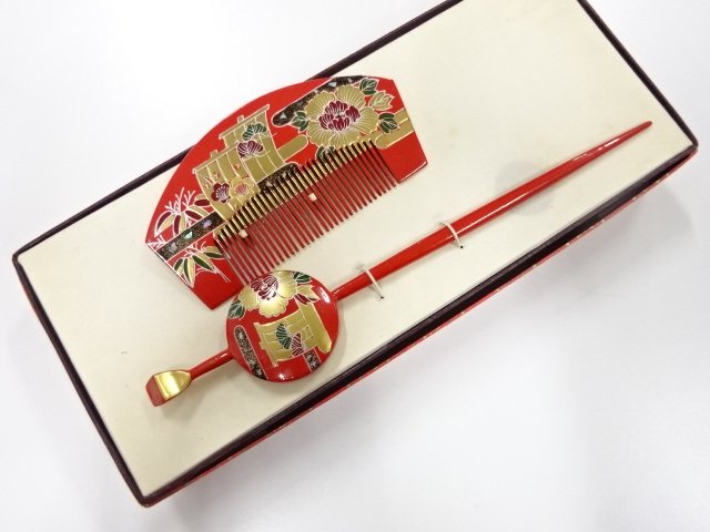 SALE!! JAPANESE KIMONO / ANTIQUE LACQUERED MAKI-E COMB / SET
