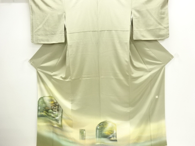 SALE!! Artist's hand-painted kimono with hand-painted temple landscape design.