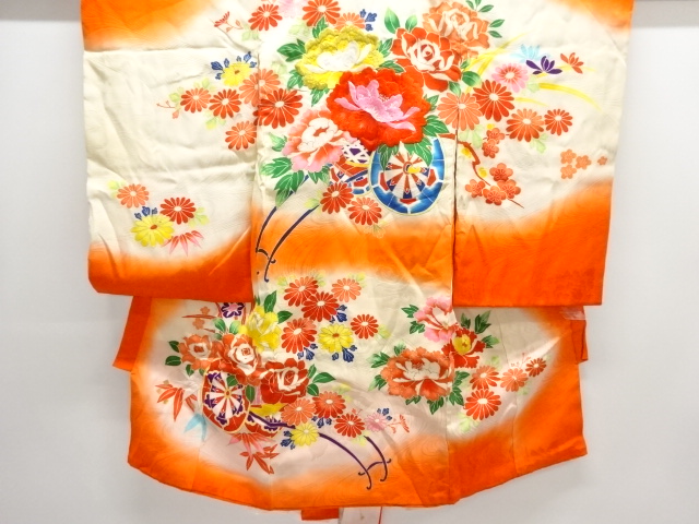 SALE!! JAPANESE KIMONO / ANTIQUE HANAGURUMA PATTERN EMBROIDERED KIMONO (WITH 