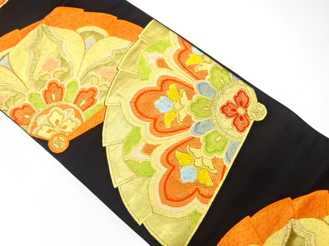 SALE!! JAPANESE KIMONO / ANTIQUE FUKURO OBI / SILK / WOVEN FAN & FLORAL CREST