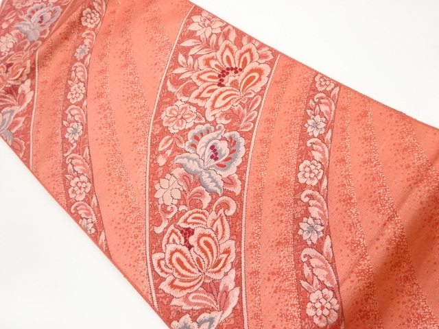 SALE!! JAPANESE KIMONO / VINTAGE NAGOYA OBI / WOVEN WAVY STRIPE & FLOWER ARABESQUE