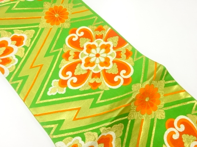 SALE!! JAPANESE KIMONO / ANTIQUE FUKURO OBI / SILK / WOVEN MATSUKAWABISHI & FLOWERS