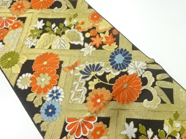 SALE!! JAPANESE KIMONO / ANTIQUE FUKURO OBI / SILK / WOVEN FENCE & KIKU & PAULOWNIA