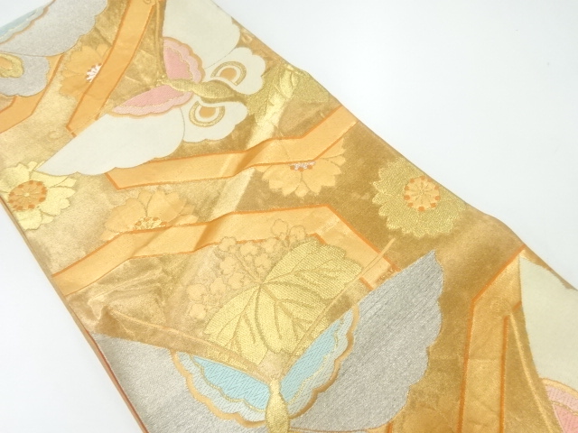 SALE!! JAPANESE KIMONO / ANTIQUE FUKURO OBI / SILK / WOVEN BUTTERFLY & KIKU & PAULOWNIA