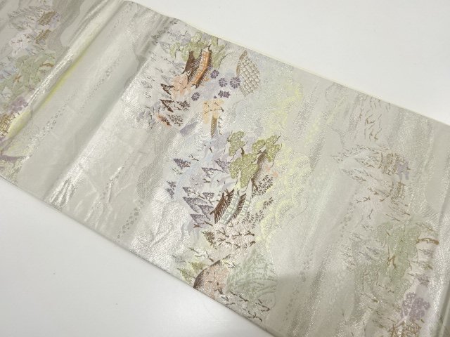 SALE!! JAPANESE KIMONO / ANTIQUE FUKURO OBI / SILK / PLATINUM FOIL / WOVEN TEMPLE