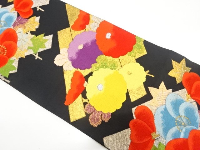 SALE!! JAPANESE KIMONO / ANTIQUE FUKURO OBI / SILK / WOVEN KIKU & UME WITH MAPLE