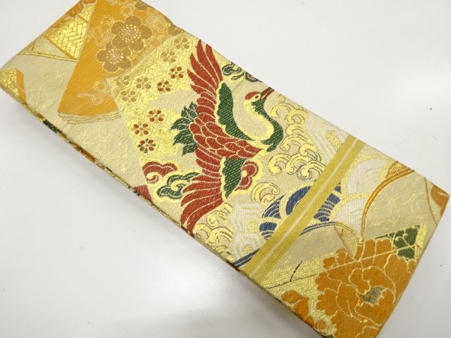 SALE!! JAPANESE KIMONO / ANTIQUE CRANE / READING BOOK / FLOWER PATTERN WOVEN 