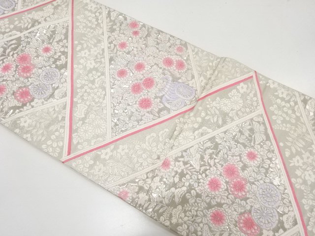 SALE!! JAPANESE FUKURO OBI / PLATINUM FOIL / WOVEN FLOWER CREST