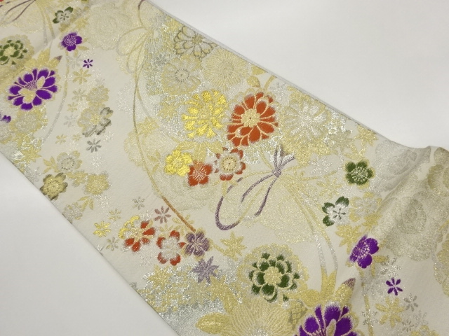 SALE!! JAPANESE KIMONO / FUKURO OBI / SILK / WOVEN KUSUDAMA & FLOWERS