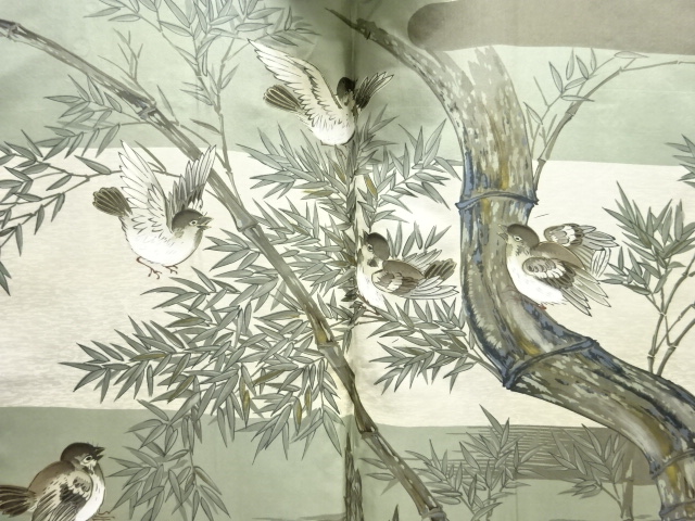 SALE!! JAPANESE KIMONO / ANTIQUE MENS HAORI / SILK / DORO OSHIMA TSUMUGI / BAMBOO GRASS & BIRDS(lining)