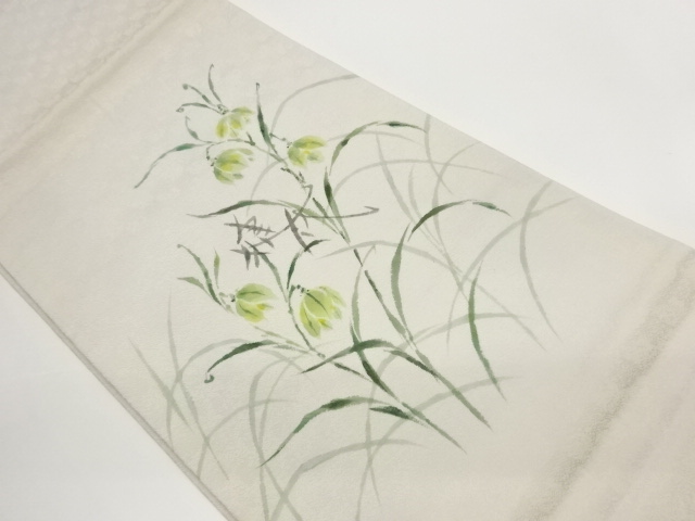 Artist's hand-painted Nagoya obi with open floral-leaf pattern (framed tailoring