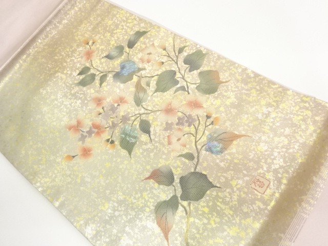 Artists' Nagoya obi with mother-of-pearl inlay leaf floral and branch-and-leaf p
