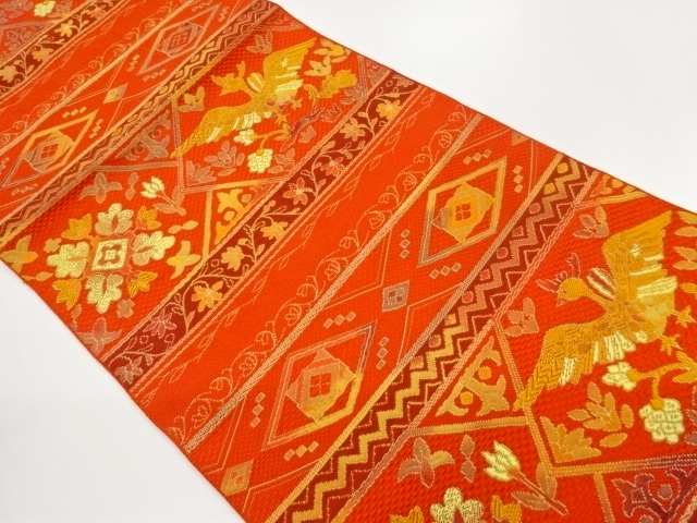 SALE!! JAPANESE KIMONO / CHIKUZEN HAKATA: HORIZONTAL BANDS / FLORAL / BIRD / 
