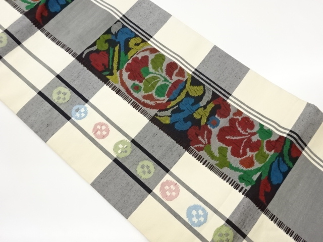 SALE!! JAPANESE KIMONO / TSUMUGI CHECKERED PATTERN / ABSTRACT FLORAL MOTIFS W
