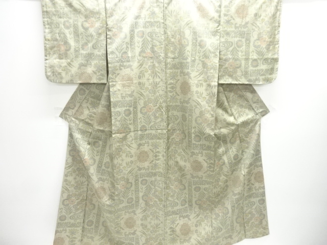 SALE!! JAPANESE KIMONO / AUTHENTIC OSHIMA TSUMUGI KIMONO / FLORAL / GEOMETRIC