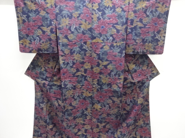 SALE!! JAPANESE KIMONO / ANTIQUE FLORAL PATTERN WOVEN TSUMUGI KIMONO