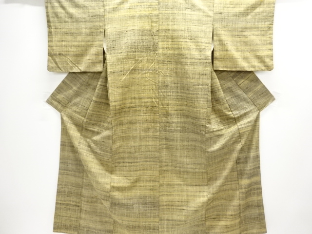 SALE!! JAPANESE KIMONO / ANTIQUE PLANT-DYED GUJO TSUMUGI HORIZONTAL-STRIPED W