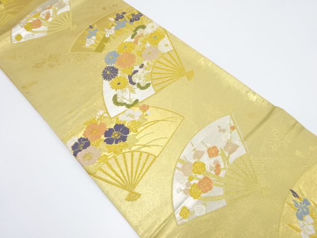 SALE!! JAPANESE KIMONO / VINTAGE FUKURO OBI / WOVEN FLORAL PLANTS & FOLDING FAN PATTERN