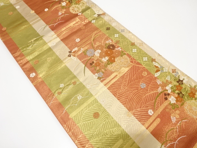 SALE!! JAPANESE KIMONO / VINTAGE FUKURO OBI / SILK / WOVEN FLORAL CART & BUTTERFLY