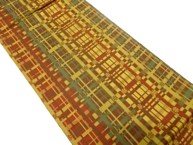 SALE!! JAPANESE KIMONO / VINTAGE FUKURO OBI / SILK / WOVEN GRID & FLOWER