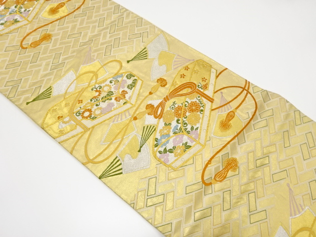 SALE!! JAPANESE KIMONO / ANTIQUE FUKURO OBI / SILK / WOVEN LETTER BOX & FLORAL ARABESQUE