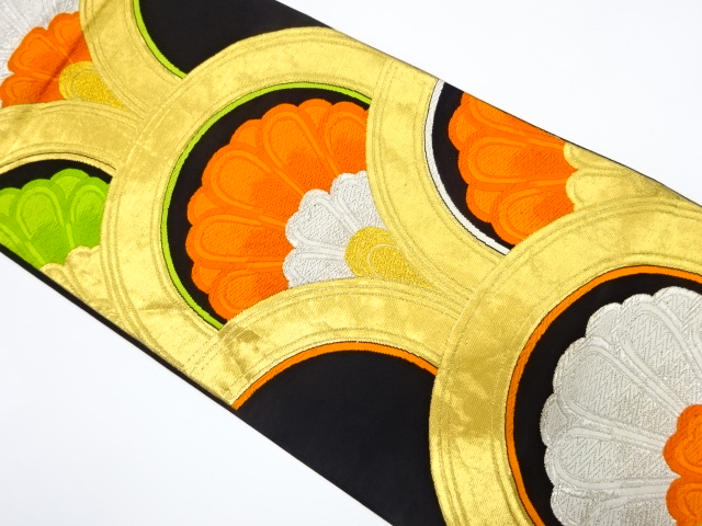 JAPANESE KIMONO / ANTIQUE FUKURO OBI / SILK / WOVEN SEIGAIHA & FLOWER