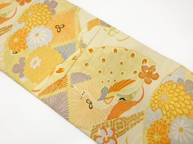 SALE!! JAPANESE KIMONO / ANTIQUE MARU OBI / SILK / WOVEN PEACOCK & KIKU