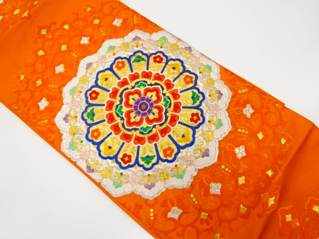 JAPANESE KIMONO / ANTIQUE FUKURO OBI / SILK / WOVEN FLORAL CREST