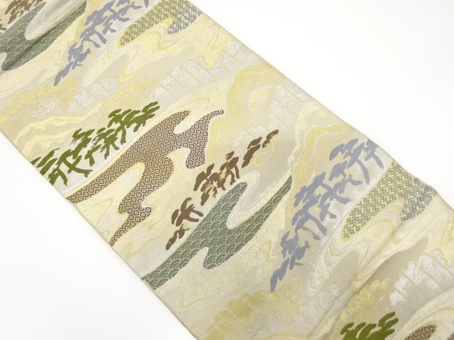 JAPANESE KIMONO / ANTIQUE FUKURO OBI / WOVEN MIST WITH MOUNTAIN & PINE