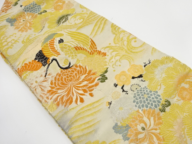 SALE!! JAPANESE KIMONO / ANTIQUE NAGOYA OBI / WOVEN CRANE & FLOWER ROUNDEL