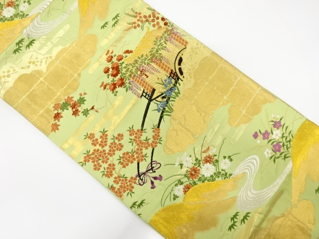 JAPANESE FUKURO OBI / WOVEN CARRIAGE & FLOWER