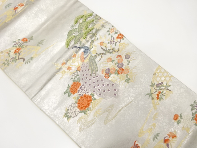SALE!! JAPANESE KIMONO / ANTIQUE FUKURO OBI / SILK / WOVEN PEACOCK & MANDARIN DUCK
