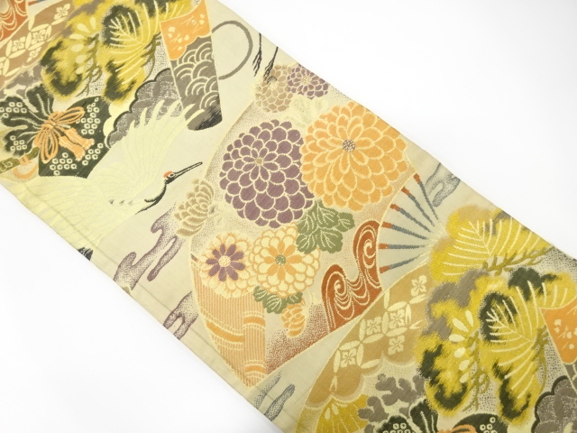 SALE!! JAPANESE KIMONO / ANTIQUE NAGOYA OBI / WOVEN CRANE WITH PINE & KIKU