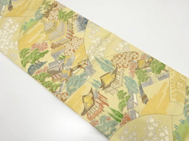 JAPANESE KIMONO / ANTIQUE FUKURO OBI / SILK / WOVEN SCENERY OF TEMPLE