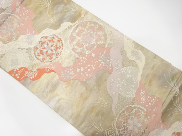 SALE!! JAPANESE KIMONO / ANTIQUE FUKURO OBI / SILK / WOVEN FLORAL CREST & FLOWER