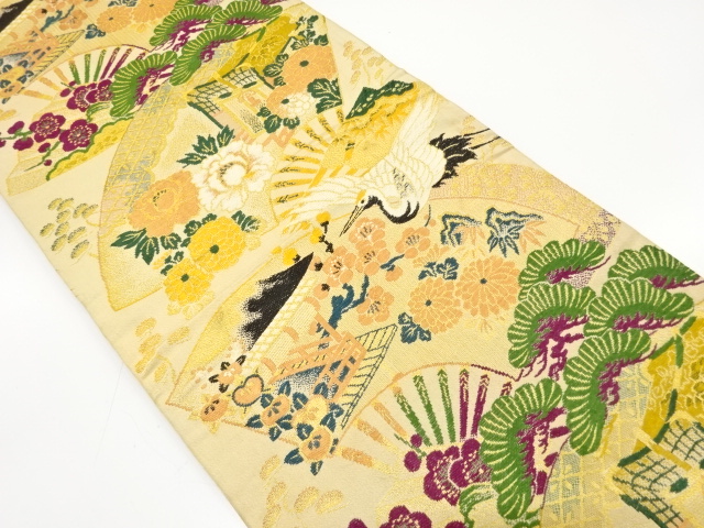 SALE!! JAPANESE KIMONO / ANTIQUE MARU OBI / WOVEN CRANE & UME WITH PINE