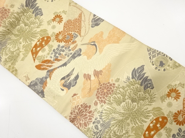 SALE!! JAPANESE KIMONO / ANTIQUE MARU OBI / WOVEN CRANE & FLORAL PLANTS