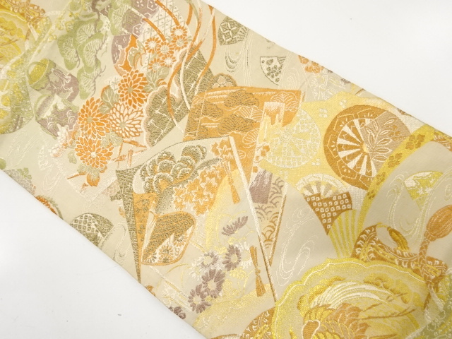 SALE!! JAPANESE KIMONO / ANTIQUE MARU OBI / WOVEN CRANE & FLOWER WITH FAN