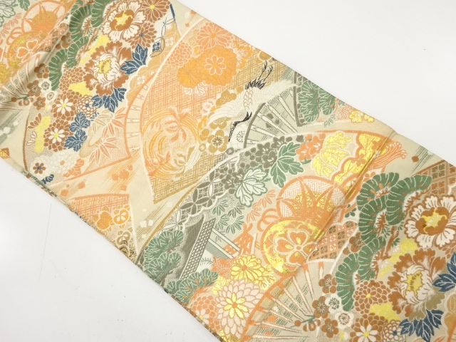 SALE!! JAPANESE KIMONO / ANTIQUE MARU OBI / WOVEN DRUM & FLOWER WITH FAN