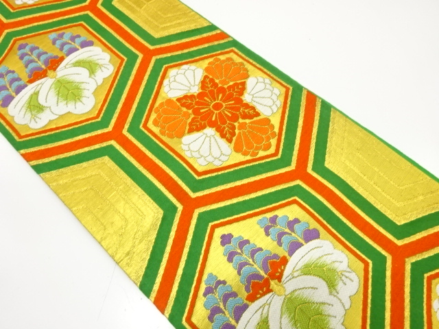 アンティーク　亀甲に桐・菊模様織り出し袋帯（材料）