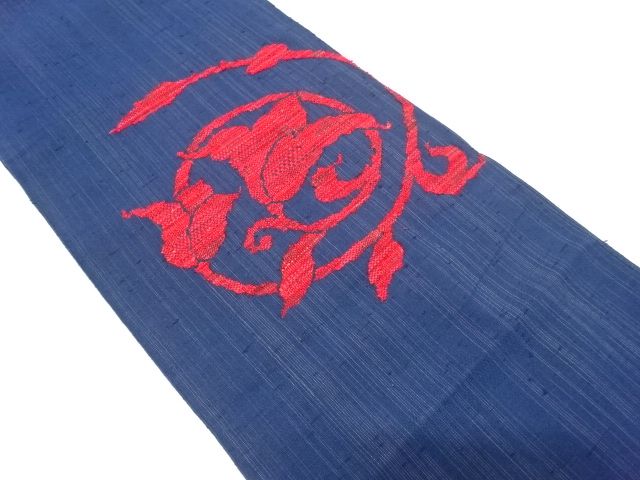 手織り紬　花唐草模様織り出し　名古屋帯