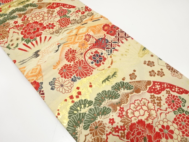 アンティーク　扇に鶴・鼓・草花模様織り出し丸帯（着用可）