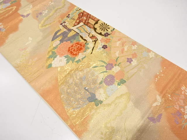 扇に御所車・孔雀・草花模様織り出し　袋帯