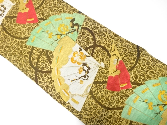 SALE!! JAPANESE KIMONO / ANTIQUE NAGOYA OBI / WOVEN FOLDING FAN & UME