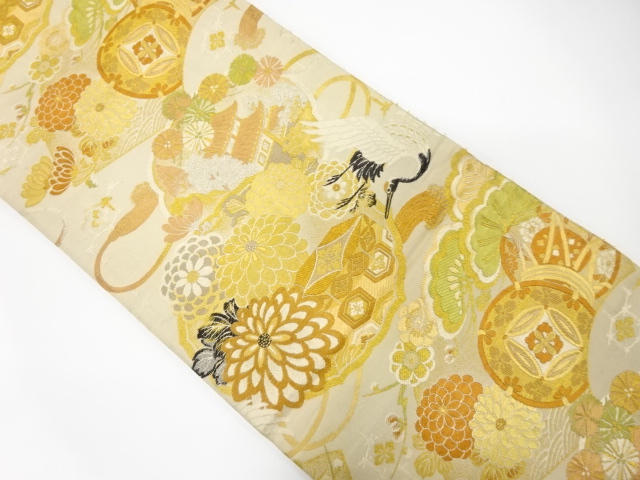 SALE!! JAPANESE KIMONO / ANTIQUE MARU OBI / WOVEN MIRROR & CRANES & DRUMS