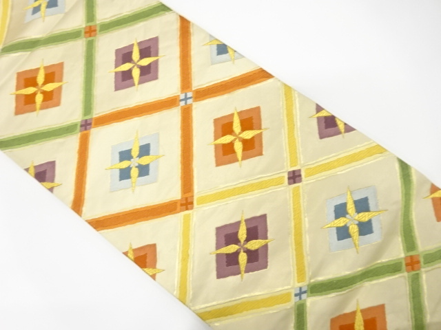 SALE!! JAPANESE KIMONO / ANTIQUE FUKURO OBI / SILK / WOVEN GRID & FLORAL RHOMBUS